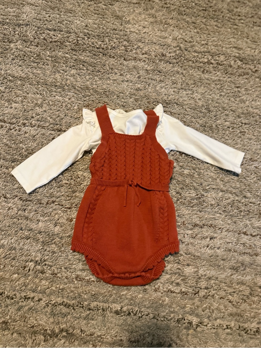 Rust color Cable Knit Baby Romper with White Long-Sleeve Bodysuit